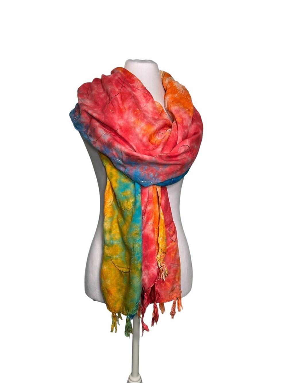 Tie-Dye Fringe Scarf Neon Multicolor Iridescent Stitching 43 in  x 68 in